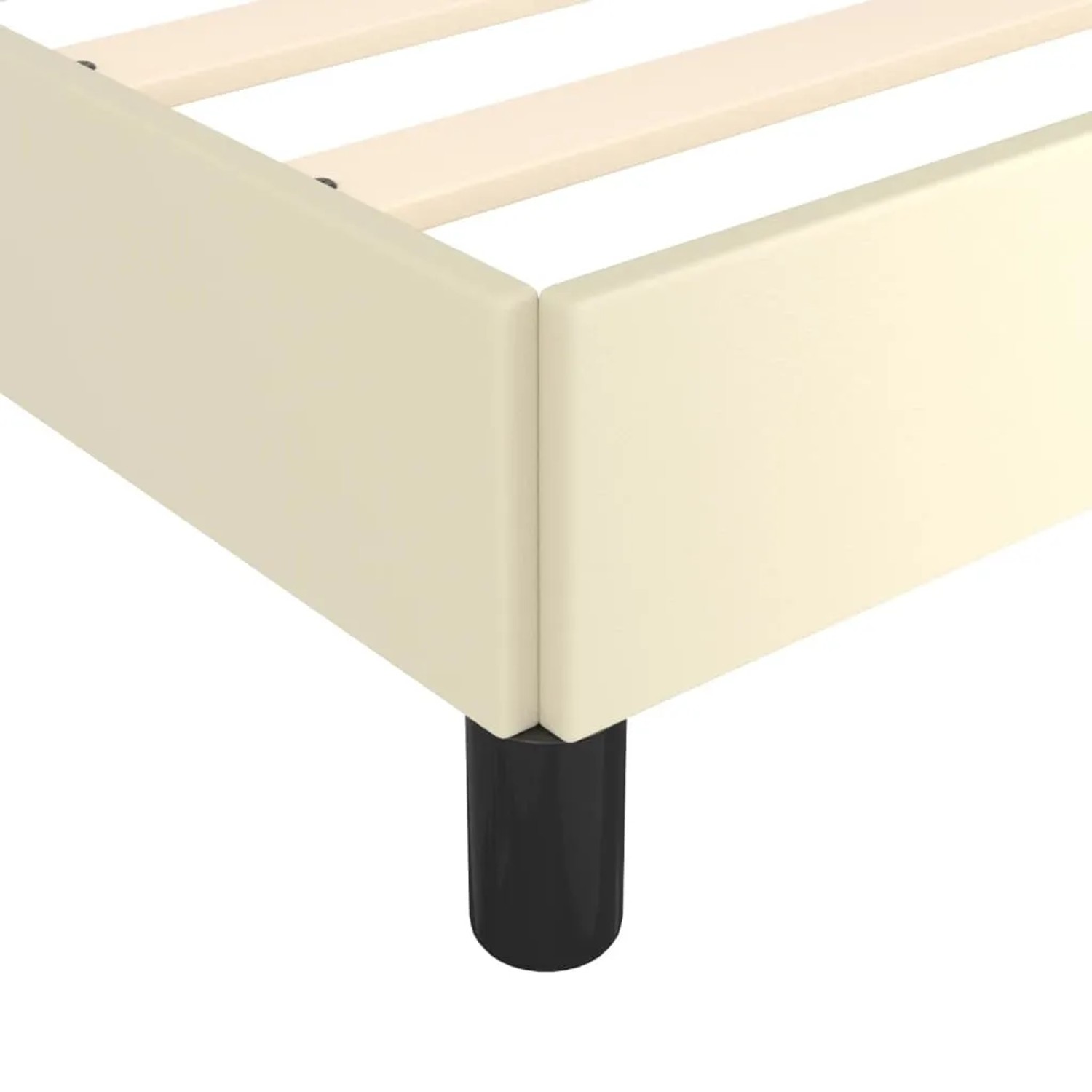 Detailansicht: Creme-farbenes vidaXL Bettgestell (140x200 cm) aus Kunstleder mit schwarzen Füßen.