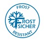 Blaues Logo mit Schneeflocke und Text 'FROST SICHER', 'RESISTANT'. Zeigt Frostbeständigkeit des FireLoq Pulverlöschers.