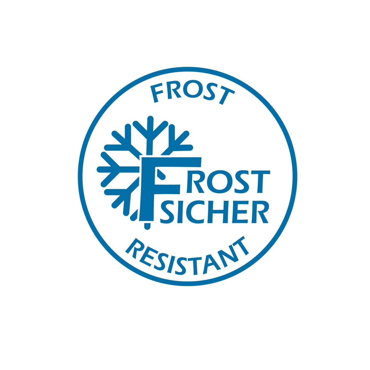 Blaues Logo mit Schneeflocke und Text 'FROST SICHER', 'RESISTANT'. Zeigt Frostbeständigkeit des FireLoq Pulverlöschers.