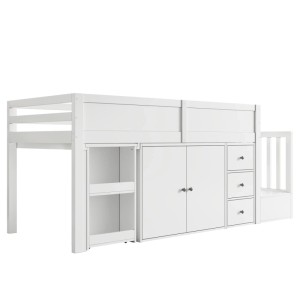 Merax Kinderhochbett 90x200 mit Schreibtisch Schrank Schublade Treppe Weiß