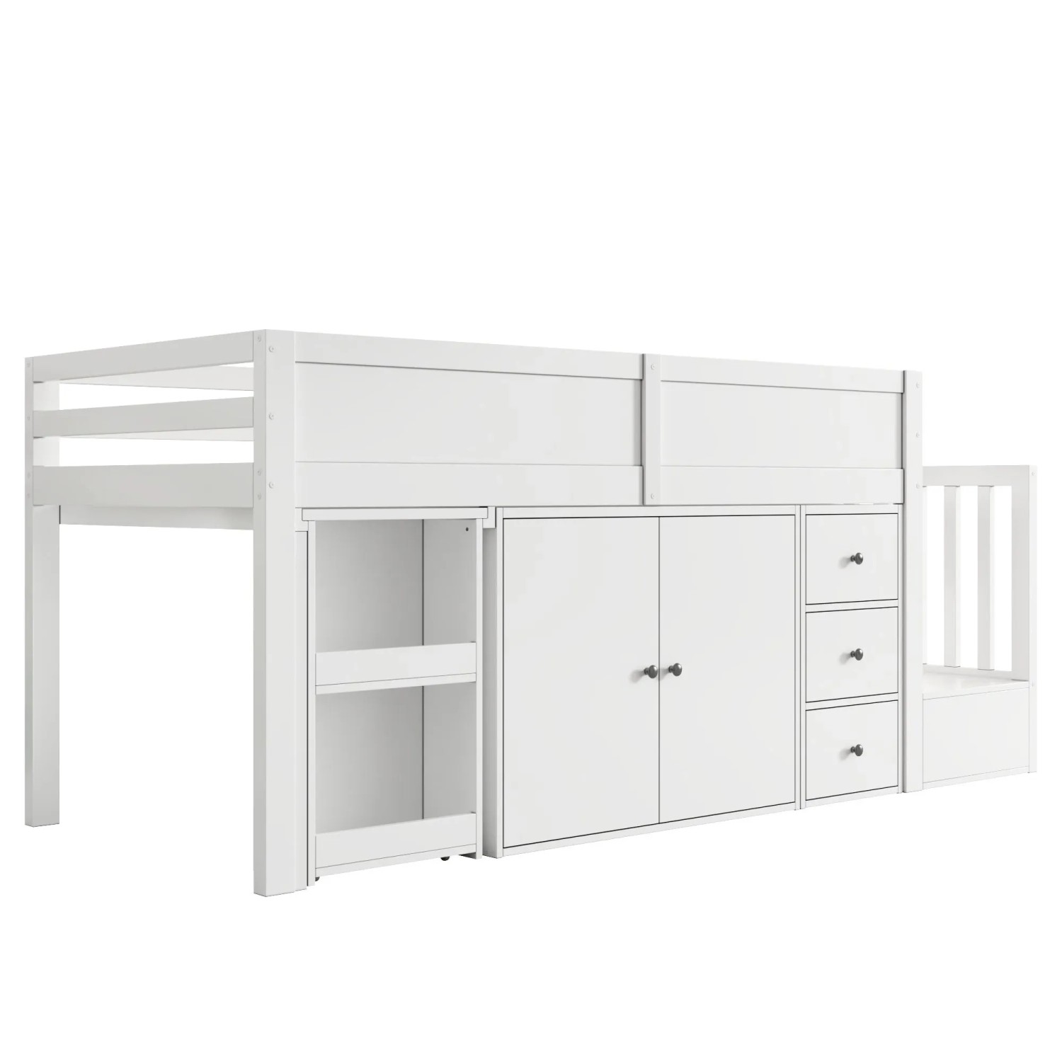 Merax Kinderhochbett 90x200 mit Schreibtisch Schrank Schublade Treppe Weiß
