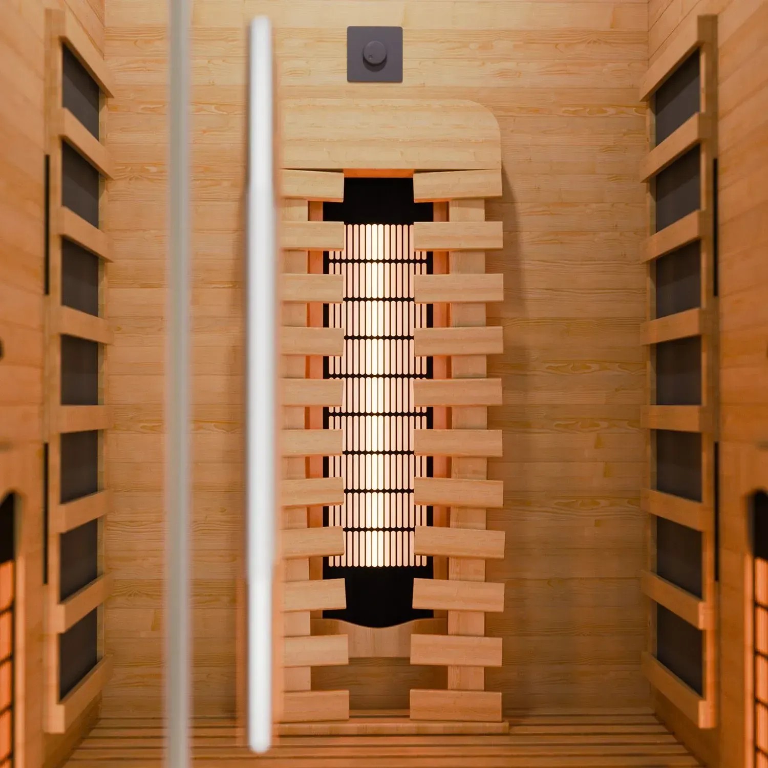 Innenansicht Artsauna Infrarotkabine Kiruna90 Premium mit Dual Technologie, Hemlockholz, Infrarotstrahler.