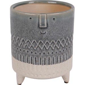 Blaues Pflanzgefäß mit Gesicht, 17x14 cm, aus Keramik. Dekorativer Übertopf für Innen & Außen.