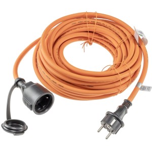 Orangefarbenes ChiliTec Verlängerungskabel 15m, IP44, mit schwarzem Schutzkontakt-Stecker und Kupplung.