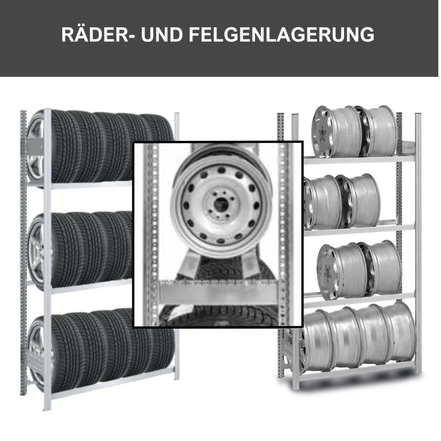 Verzinktes Reifenregal mit Reifen und Felgen, 4 Ebenen, Fachlast 150kg. Ideal zur Lagerung in Garage oder Keller.