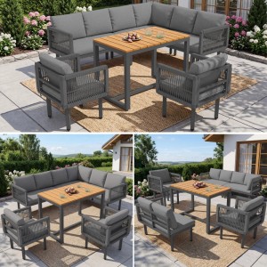 Graues 6-teiliges Merax Gartenlounge-Set mit Ecksofa, 2 Sesseln und Holztisch auf Terrasse. Wetterfeste Outdoor-Möbel.