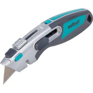 Wolfcraft Profi-Sicherheitsmesser mit Trapezklinge, grau/türkis, mit Klingenschieber und Klingenmagazin.