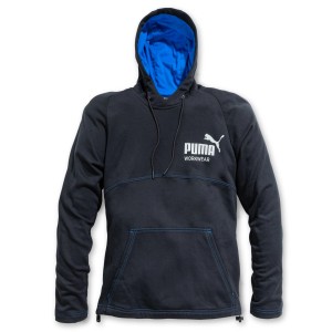 Dunkelblauer Puma Workwear Hoodie Champ mit Kapuze und Kängurutasche, Größe S.
