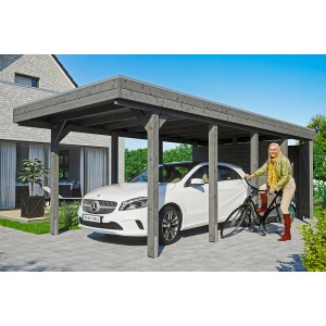 Schiefergrauer Carport Friesland Set 2 (314x708cm) mit Auto und Frau mit Fahrrad.