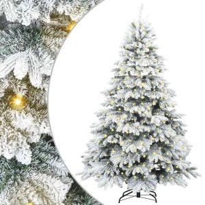 Geschmückter, künstlicher, grüner Weihnachtsbaum mit 300 warmweißen LEDs, 180 cm hoch.