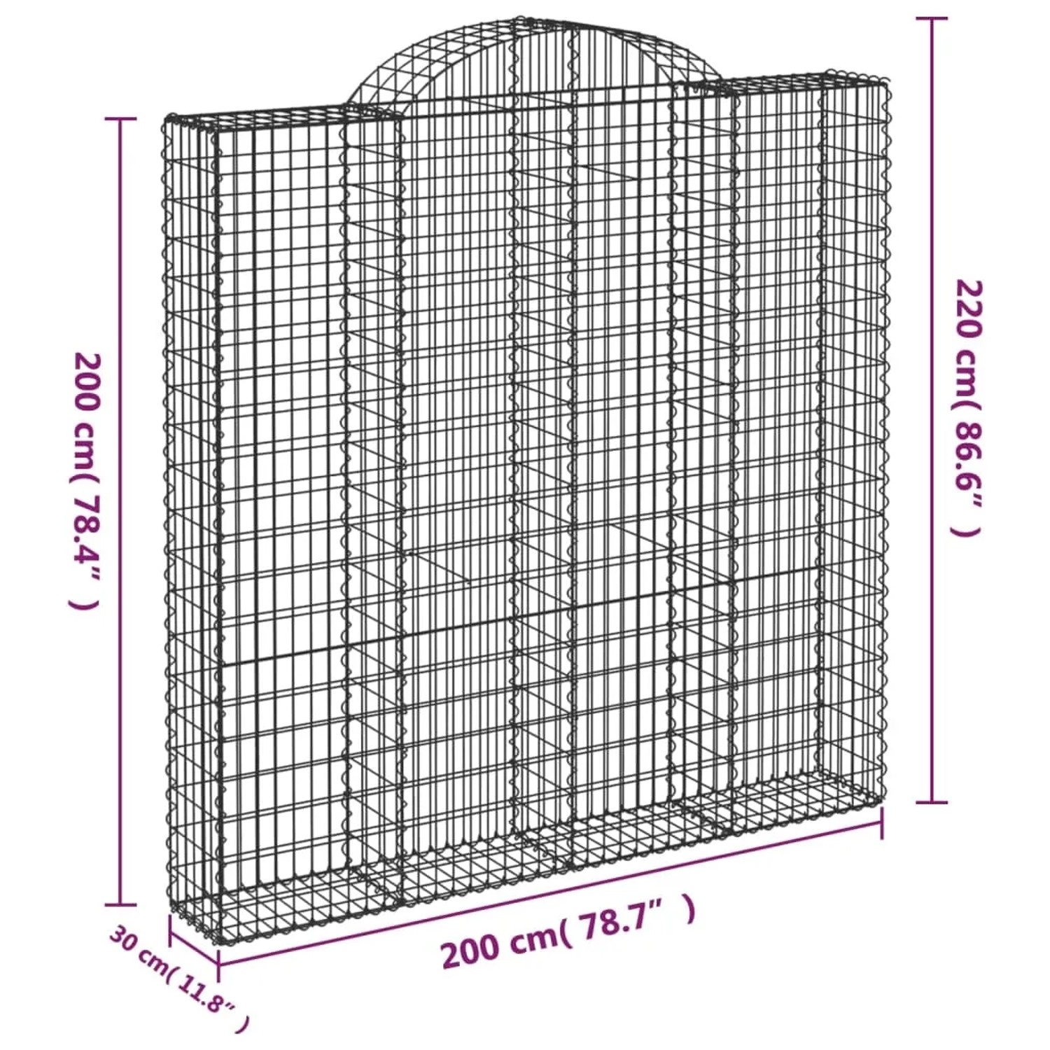 Zwei Gabionen mit Hochbogen, 200x30x200/220cm, aus verzinktem Eisen für Hochbeete oder als Sichtschutz.