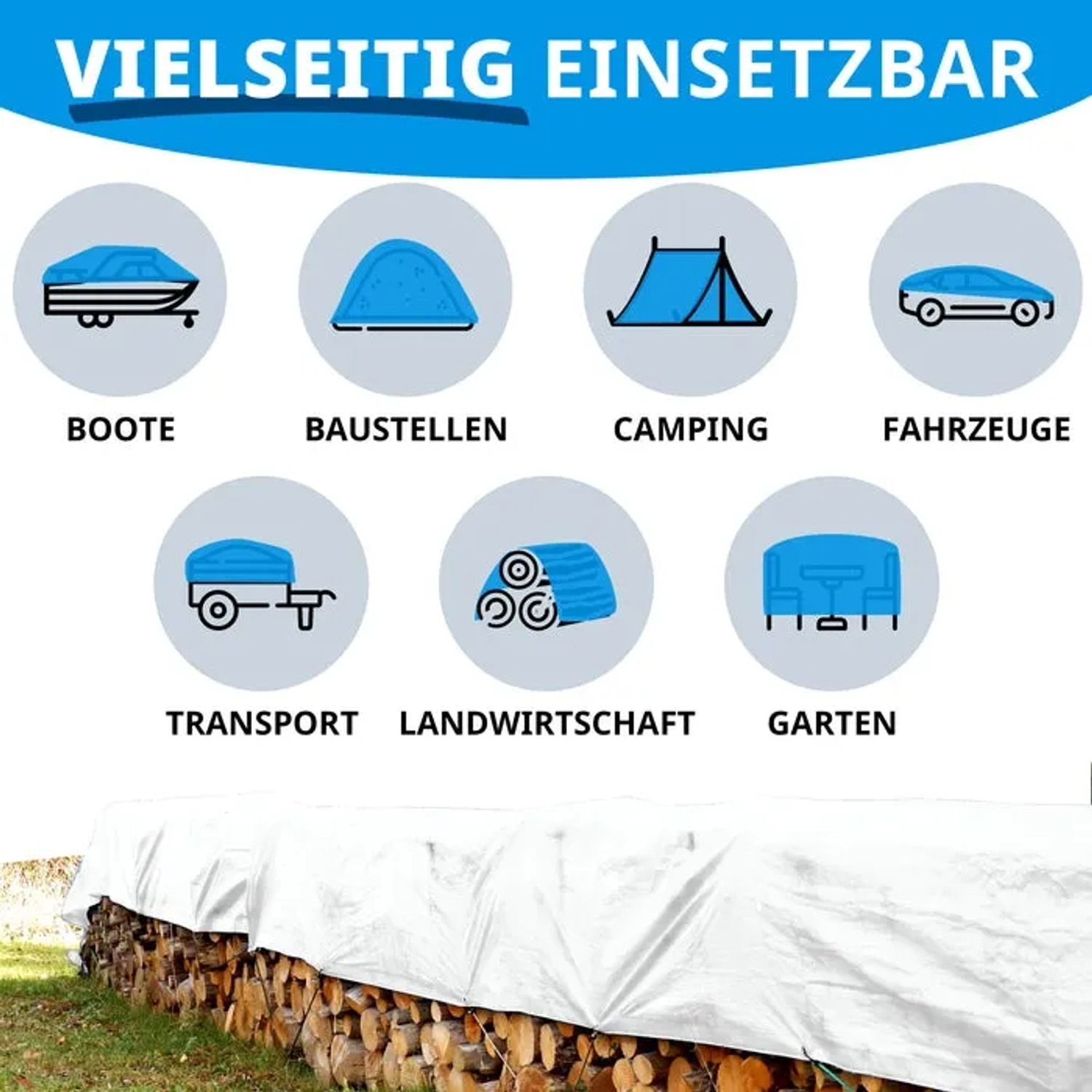 Weiße Karat Abdeckplane 4x6m schützt Holzstapel vor Nässe. Wasserdichte Plane mit Ösen für vielseitigen Einsatz.