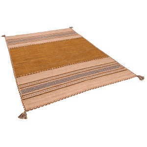 Handgewebter Kelim Teppich Navarro Braun, 140x200 cm. Naturteppich mit Fransen im modernen Design.