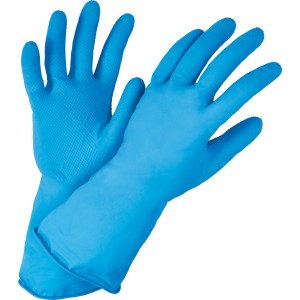 Blauer Haushaltshandschuh Grip Größe L aus Latex mit Baumwollbeflockung.