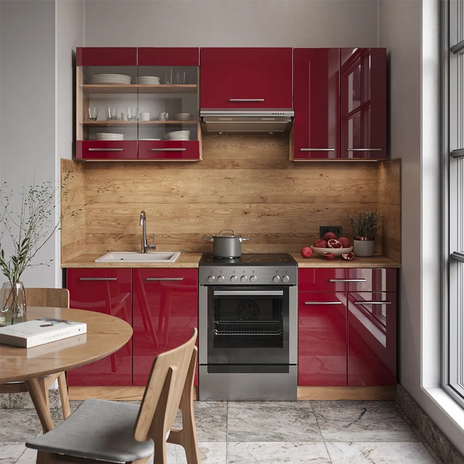 Moderne Küchenzeile in Bordeaux Hochglanz und Eiche Optik, 200 cm breit, ohne Arbeitsplatte.