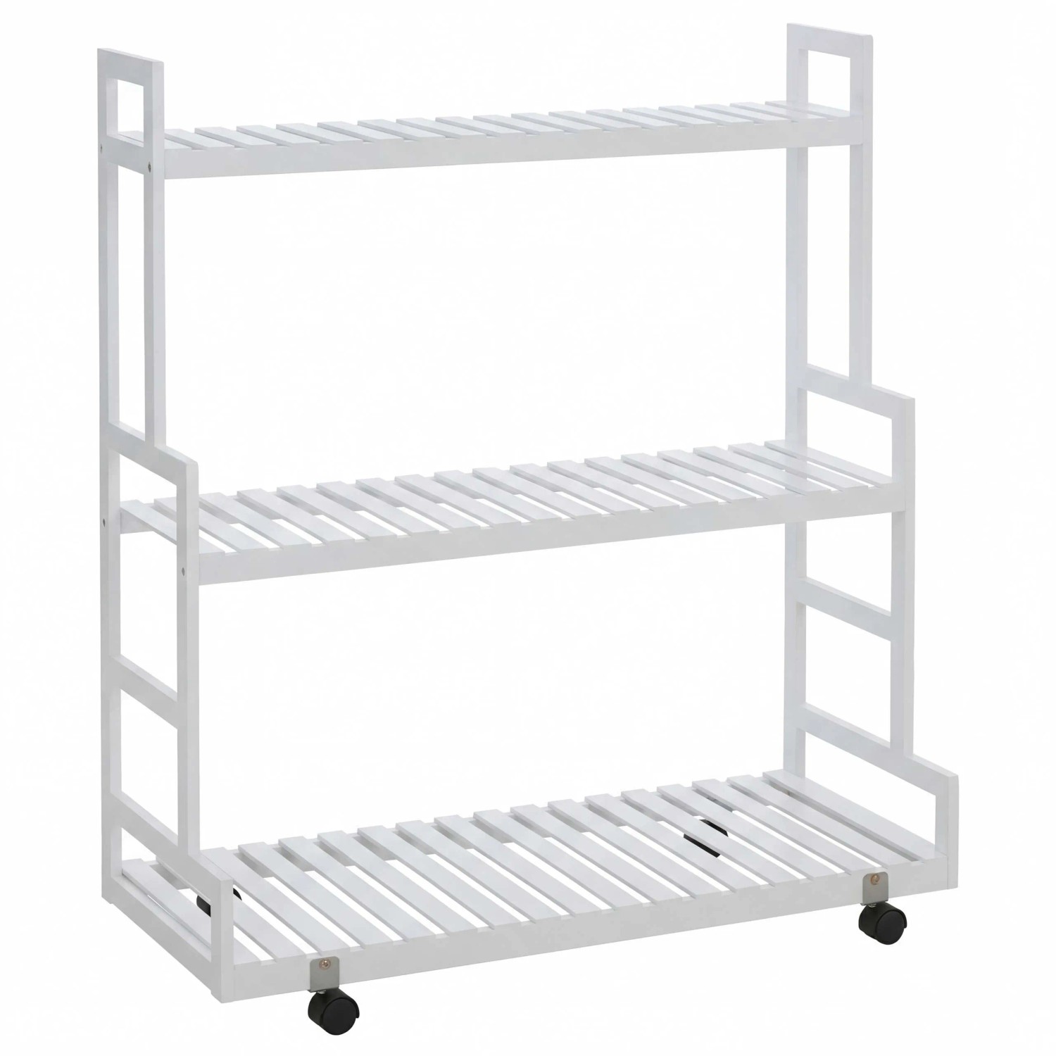 MCW Bambus Pflanzenregal Q33 3 Ablagen Rollen 105x90x38cm Weiß