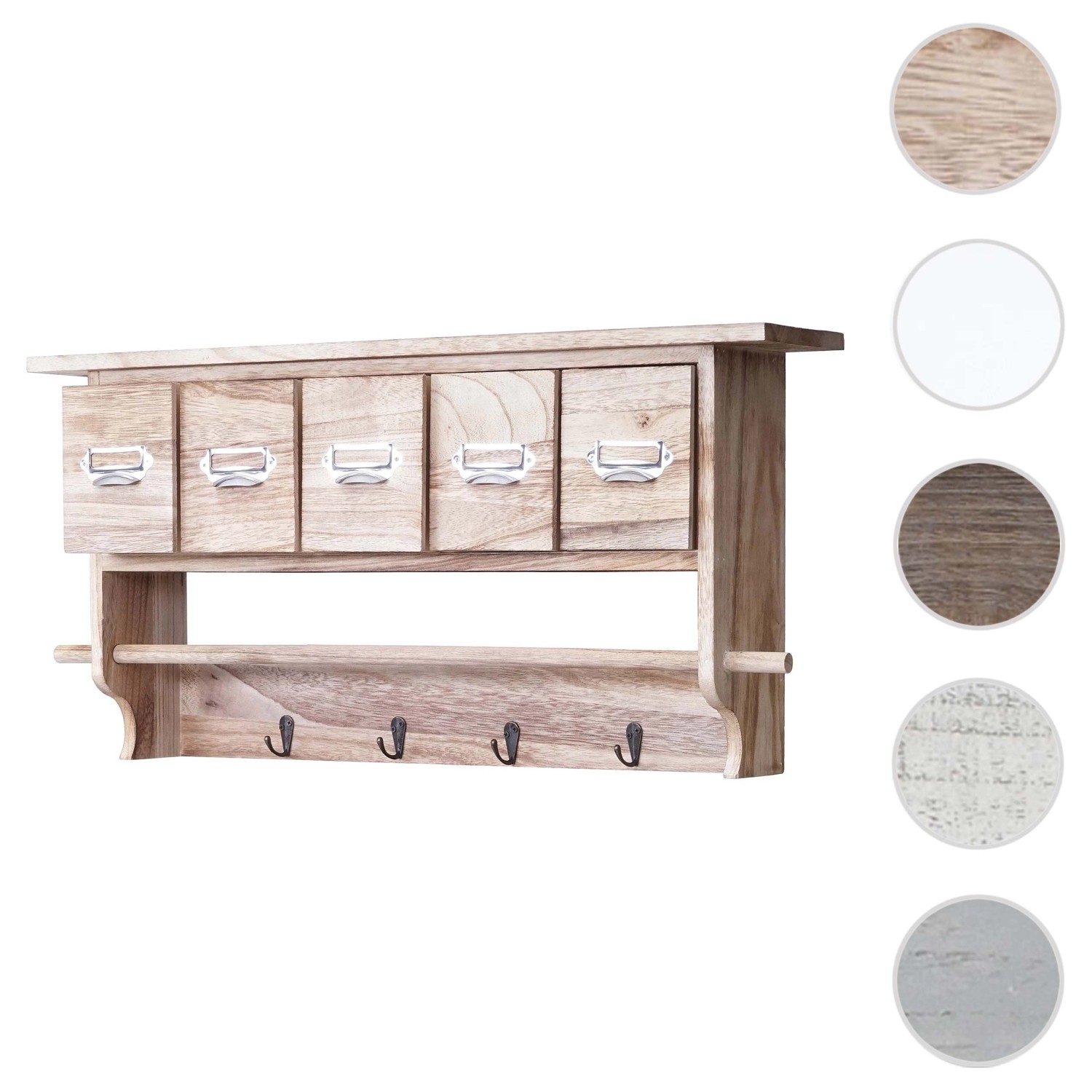 Küchenregal MCW C49 aus Paulowniaholz mit 5 Schubladen, Haken und Stange.