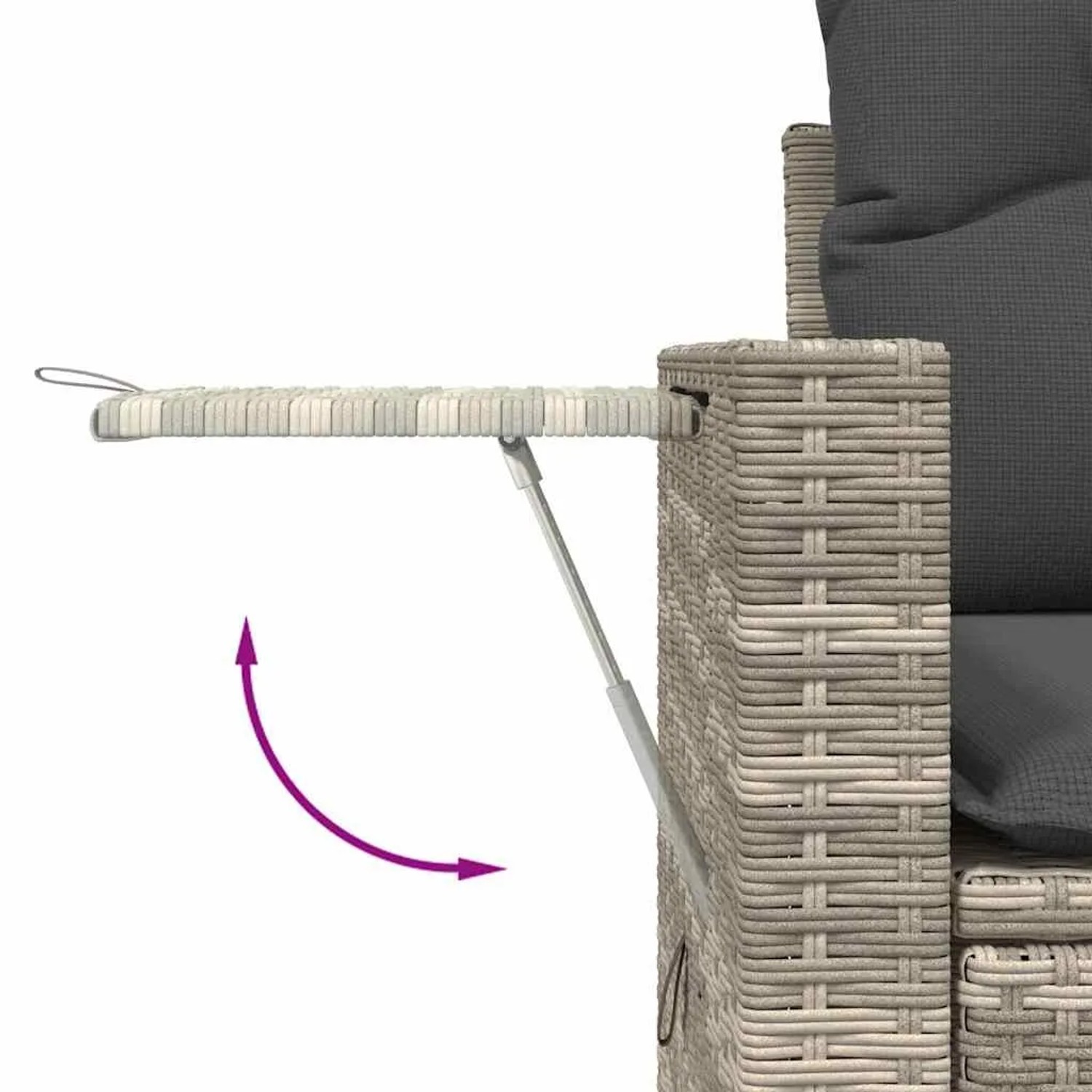 Detailaufnahme: Hellgraue Rattan Garten-Sofagarnitur mit ausklappbarem Tisch.