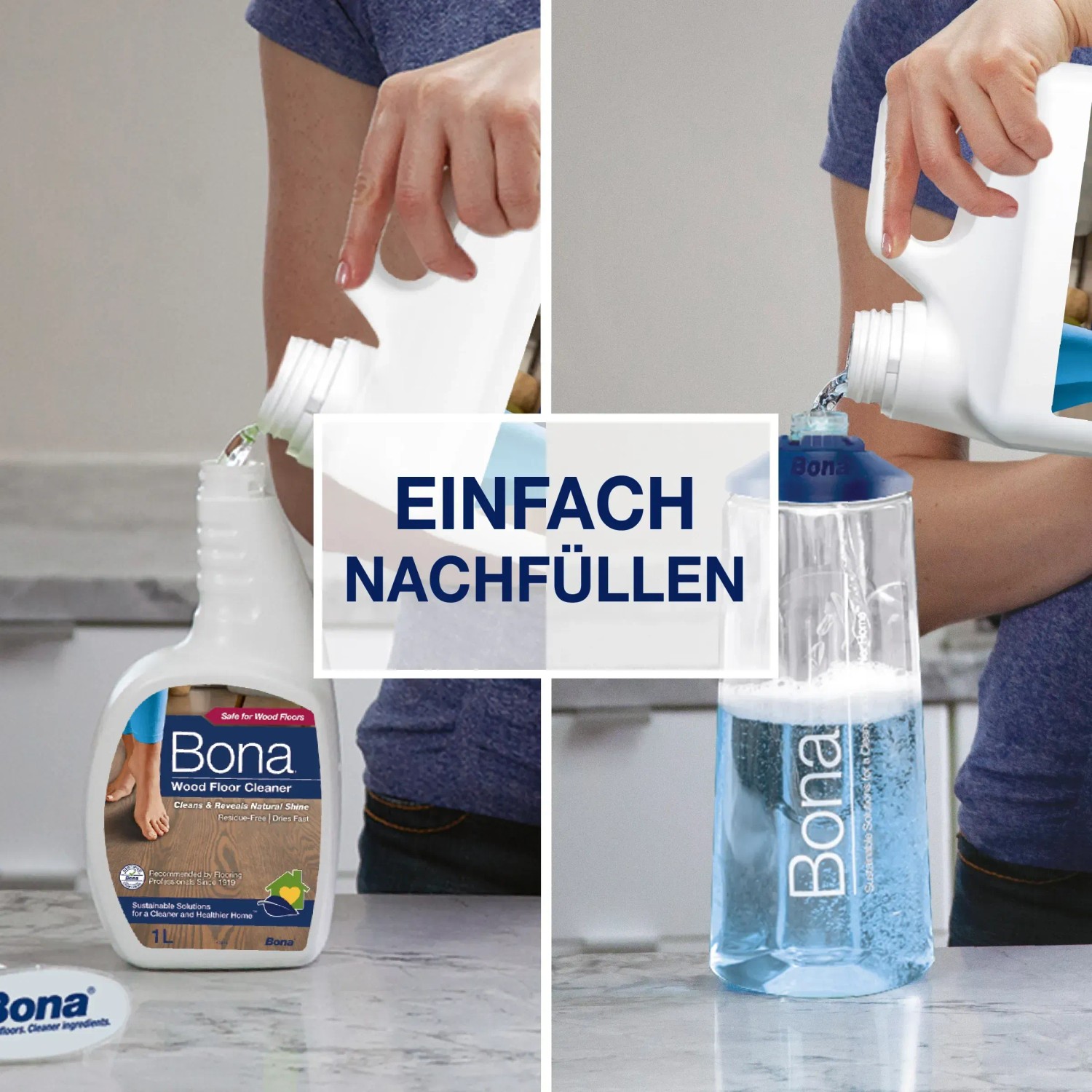 Bona Parkettreiniger Nachfüllkanister 2,5 l beim Nachfüllen einer Sprühflasche.