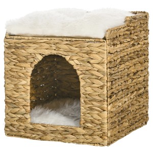 PawHut Katzenhaus aus Rattan mit Kissen, 2 Ebenen, gemütlicher Katzenkorb.