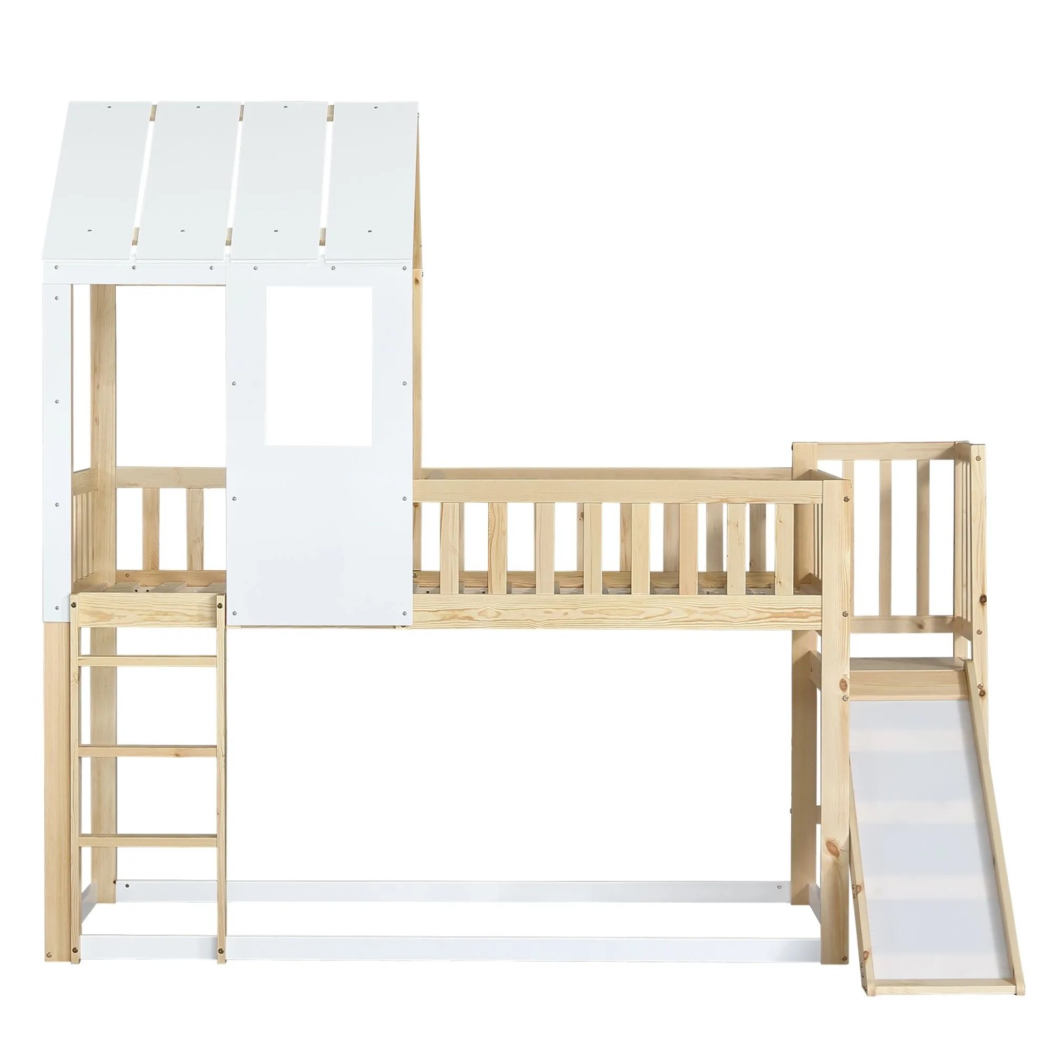 okwish Etagenbett 90x200cm mit Rutsche und Dach Kinderzimmer Natur Weiß ohne Matratze