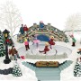 Beleuchtetes Weihnachtsdorf mit Eislaufbahn, Figuren, Brücke, Bäumen und Schnee. Winterliche Weihnachtsdekoration.