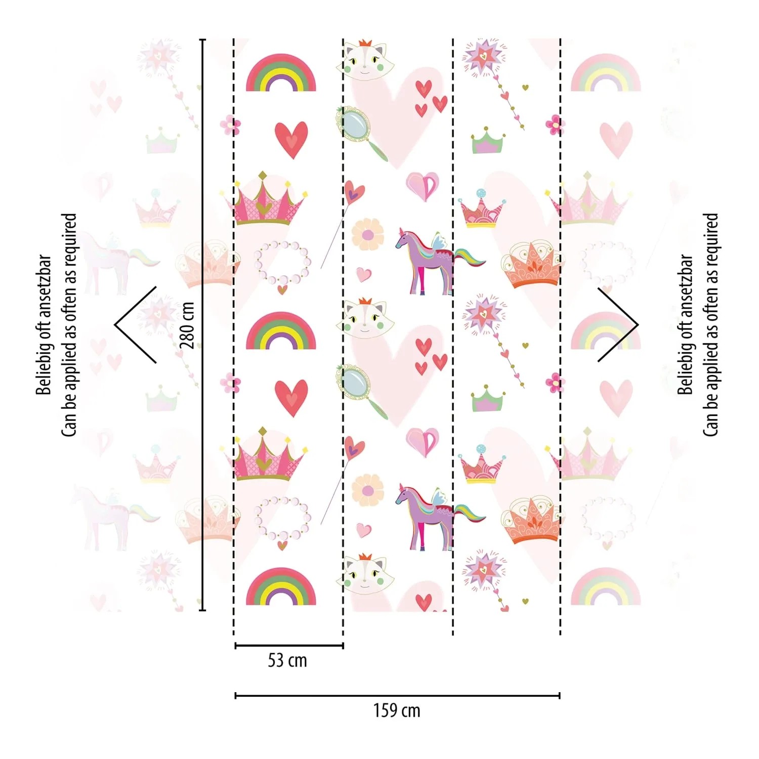 Rosa Kindertapete mit Tiermotiven, Herzen, Regenbögen und Kronen für Mädchenzimmer.