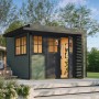 Weka Gartenhaus Amberley, 300x300 cm, graugrün/anthrazit mit zwei Fenstern. Holz-Gartenhaus mit Flachdach.