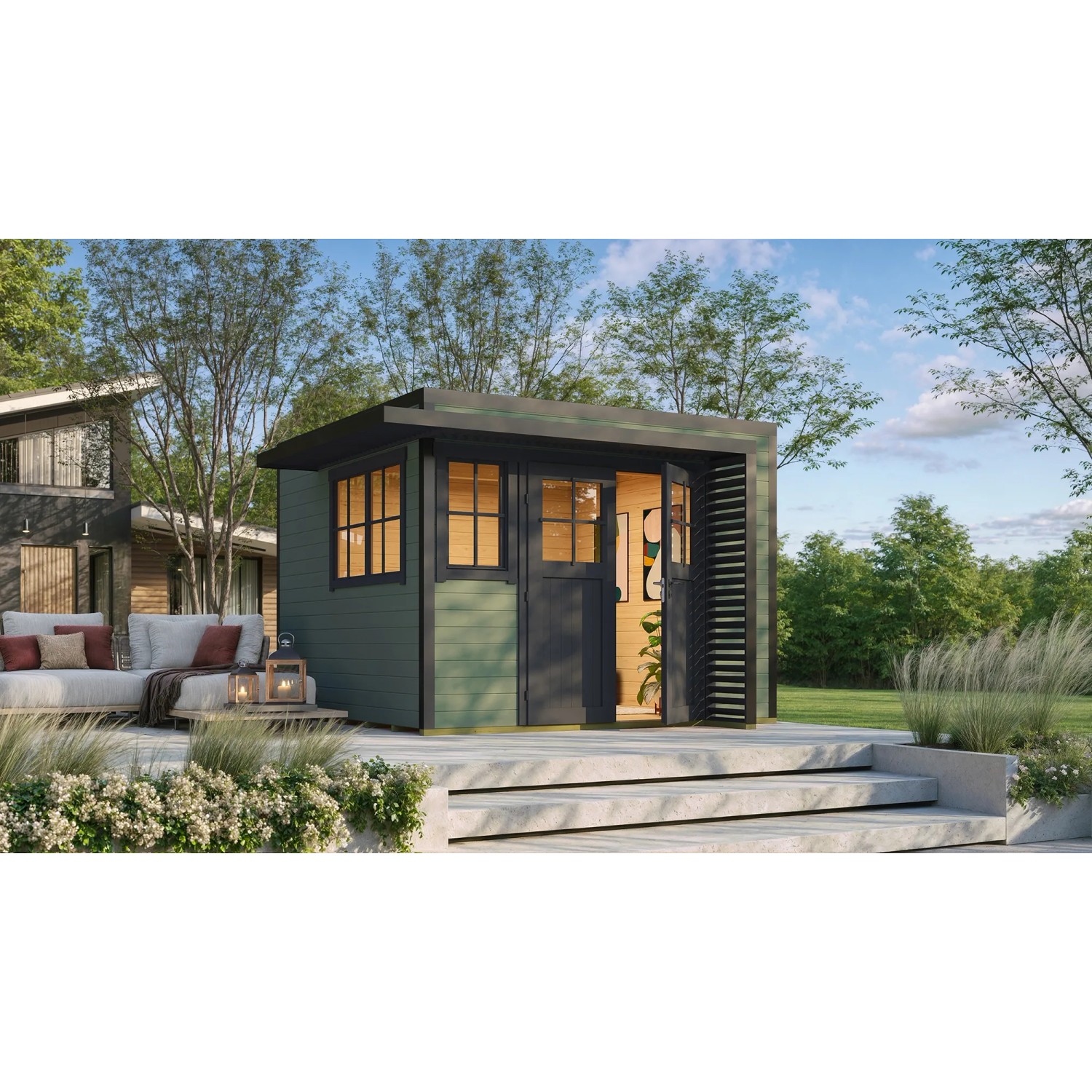 Weka Gartenhaus Amberley, 300x300 cm, graugrün/anthrazit mit zwei Fenstern. Holz-Gartenhaus mit Flachdach.