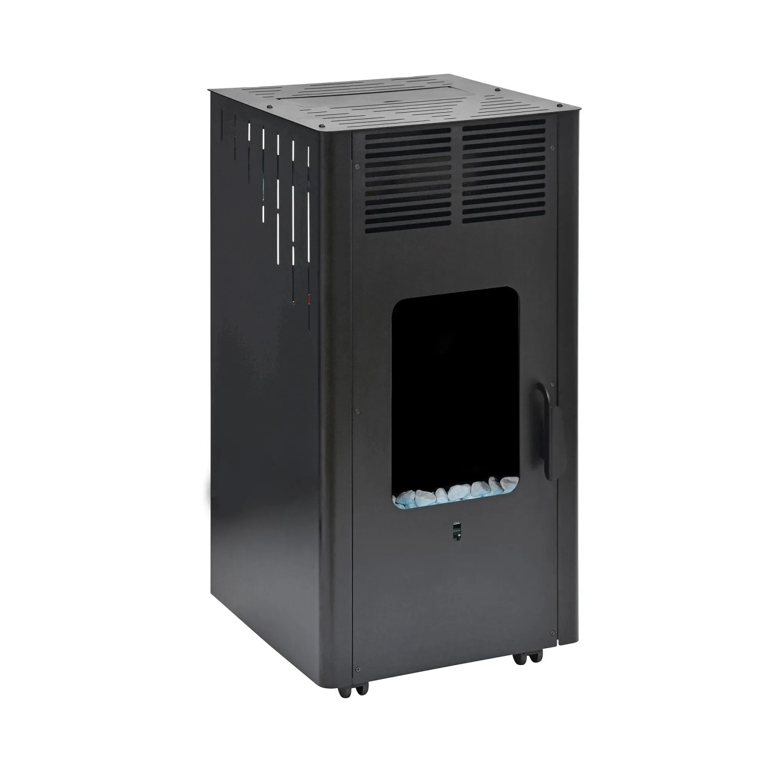 Schwarzer Firefix Gas-Heizofen Kamin 4200 Eco Plus mit Kaminoptik und blauen Ziersteinen.