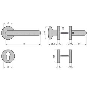 Technische Zeichnung: Basi FS-Rosetten-Wechsel-Garnitur ZT-FS 2100 Edelstahl mit Maßangaben.