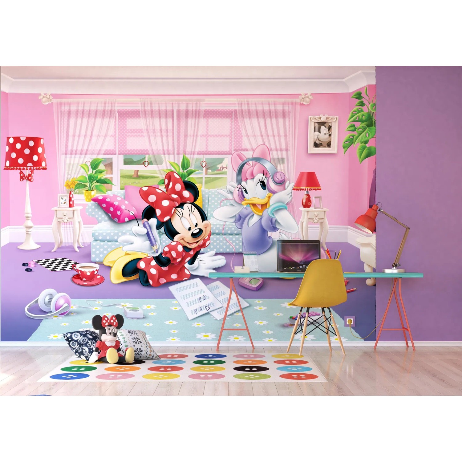Disney Fototapete mit Minnie Maus und Daisy Duck im Kinderzimmer, rosa, rot und lila, 360x270 cm.