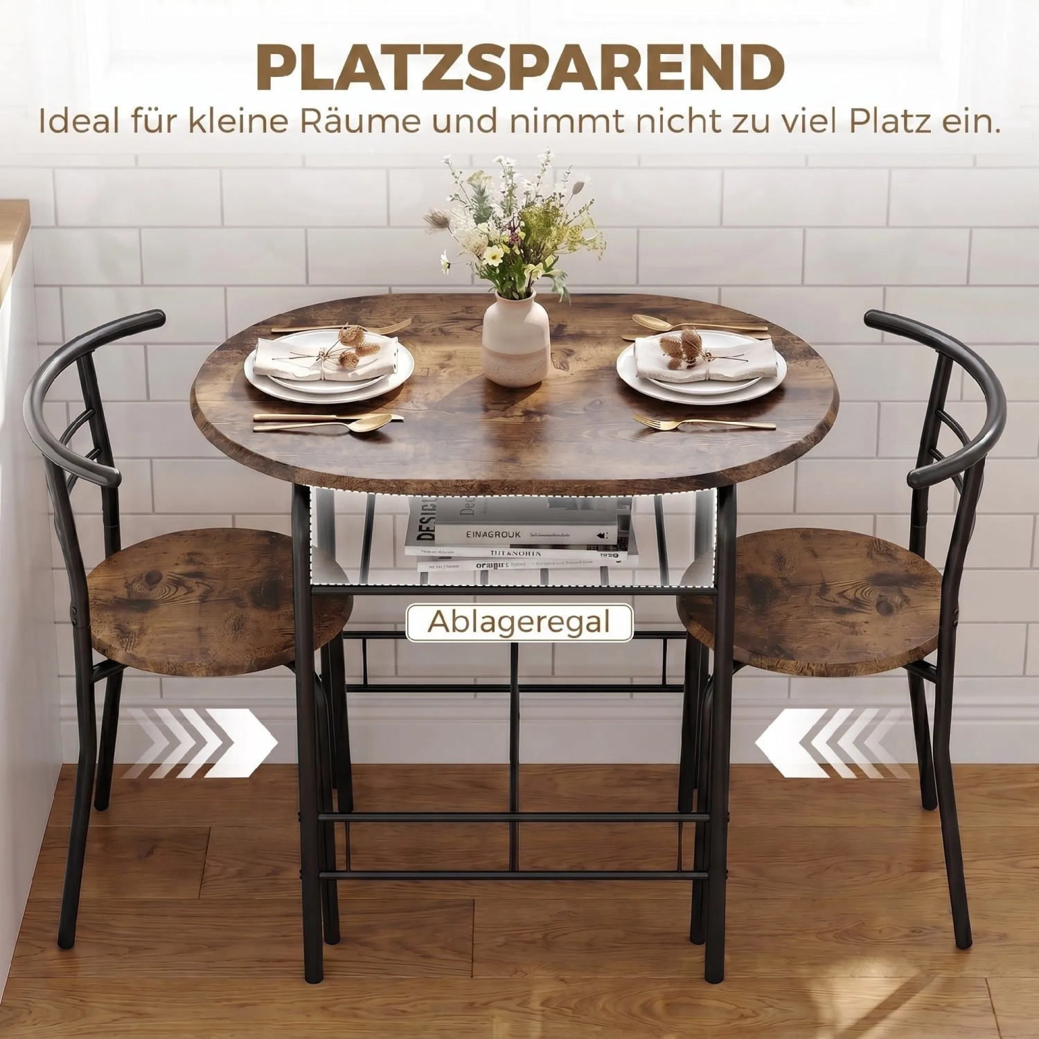 HOMCOM Essgruppe: Rustikal-brauner Esstisch mit 2 Stühlen und Ablagefach. Platzsparendes MDF-Metall-Set für kleine Räume.
