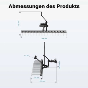 Technische Zeichnung des Wiltec Vertikutierers für Aufsitzmäher. Maße: 120 cm Arbeitsbreite, 15 Stahlfedern, Ackerschiene.