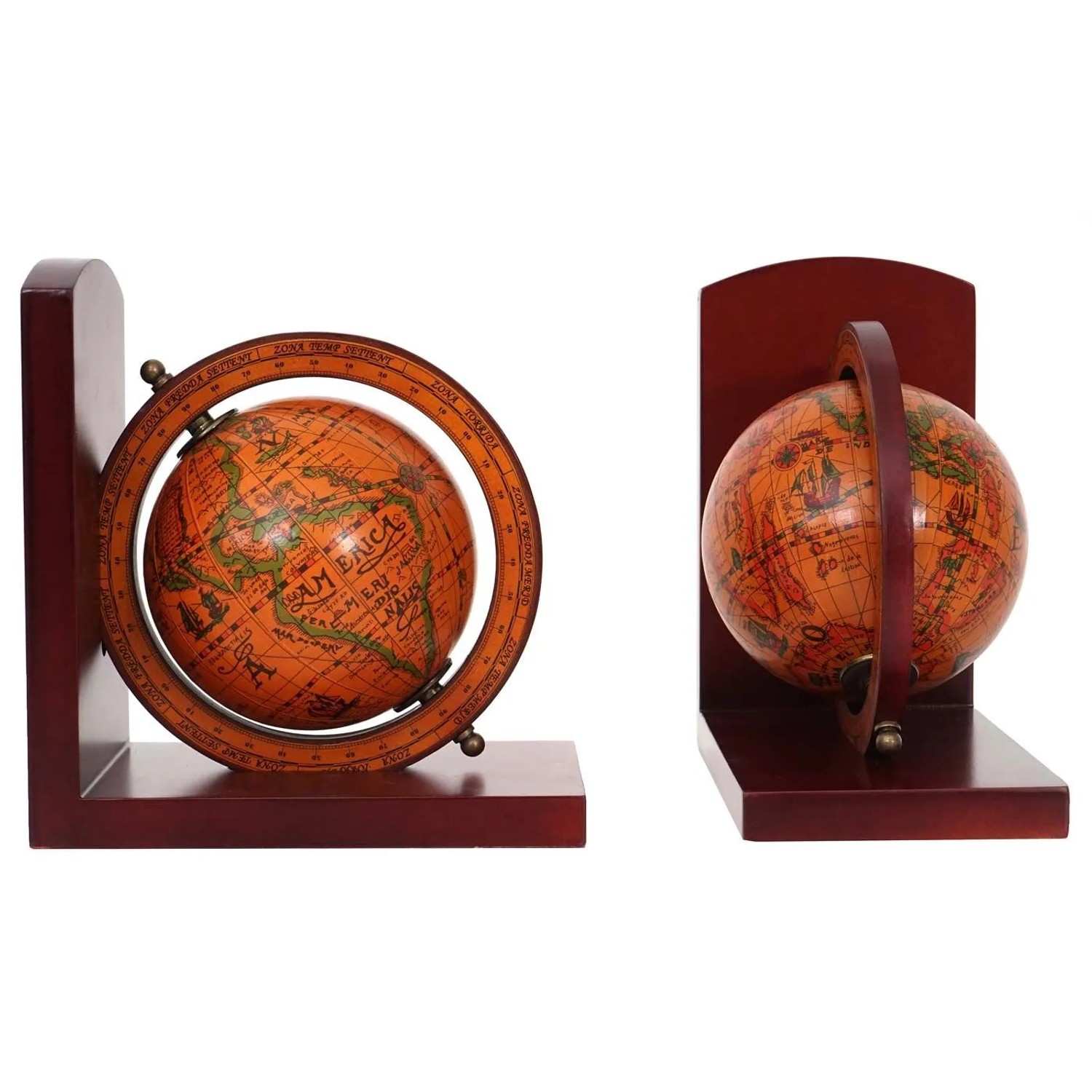 Zwei braune Buchstützen mit drehbaren, orange-braunen Weltkugeln im Antik-Look. Ideal für Bücherregale.
