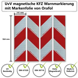 UvV Kfz-Warnmarkierung, magnetisch, 4 Streifen (141x564mm) gemäß DIN 30710.