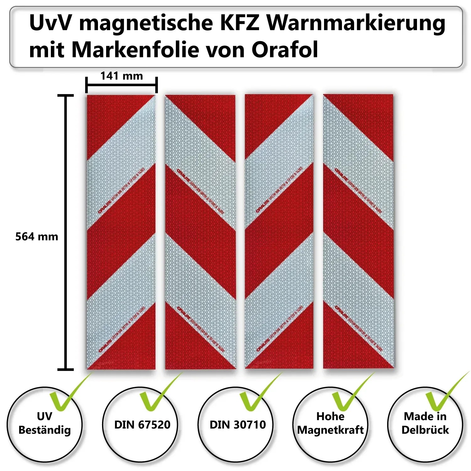 UvV Kfz-Warnmarkierung, magnetisch, 4 Streifen (141x564mm) gemäß DIN 30710.