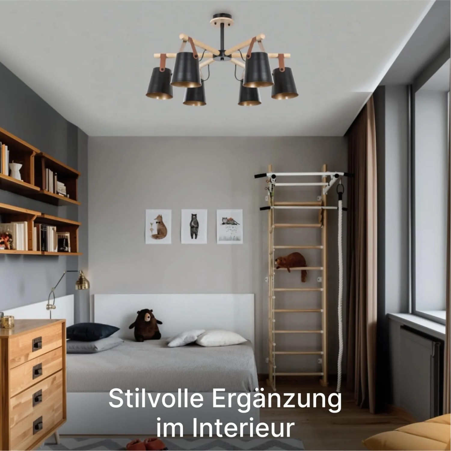 ARTE LAMP LED Deckenleuchte im Wohnzimmer mit sechs Lampenschirmen in Schwarz und Holzdetails.