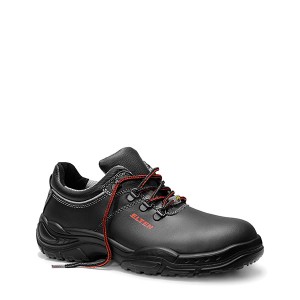 Schwarzer Elten Sicherheitshalbschuh Toby Low ESD S3, Größe 48, aus Leder mit roten Schnürsenkeln.