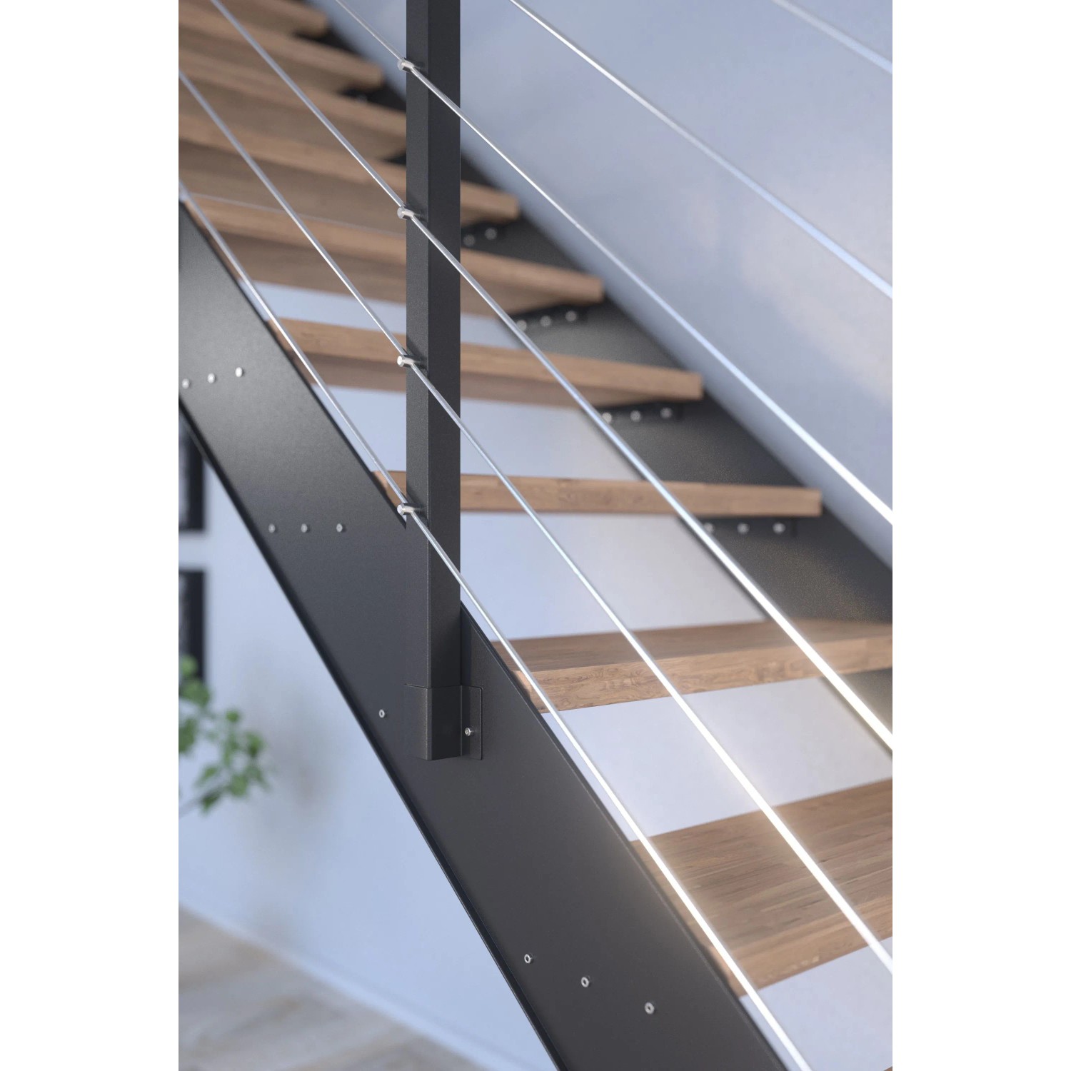 Detailansicht: Treppe Kos mit Buchenstufen, anthrazitfarbenem Metallgeländer und Edelstahlstäben.
