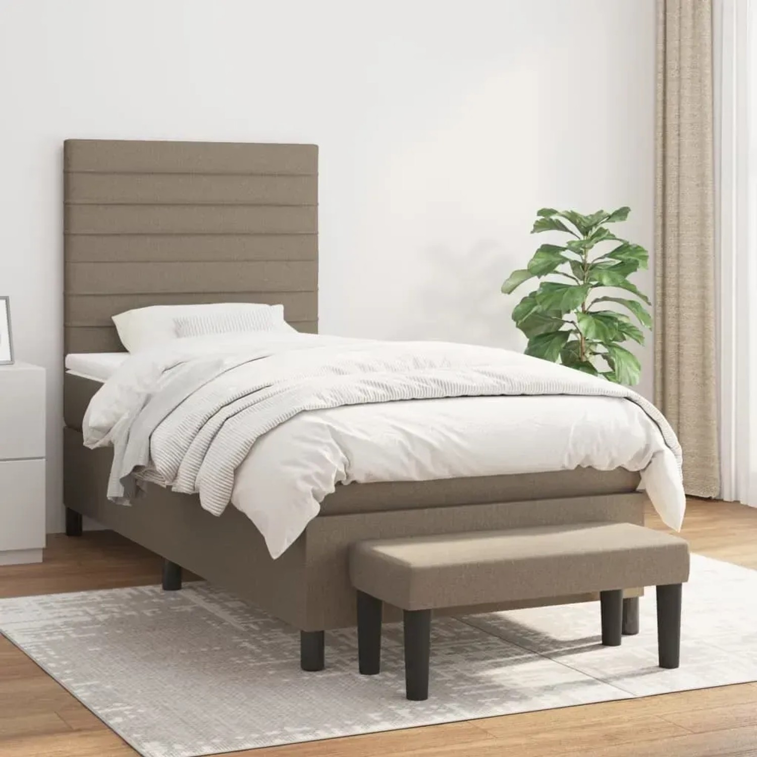 Boxspringbett Taupe 100x200 cm mit Matratze und Bank. Stoffbezogenes Bett mit hohem Kopfteil.
