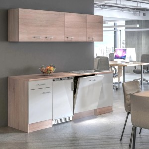Flex-Well Büroküche Florida, 210 cm, Weiß/Sonoma Eiche, mit Spüle und Geschirrspüler.