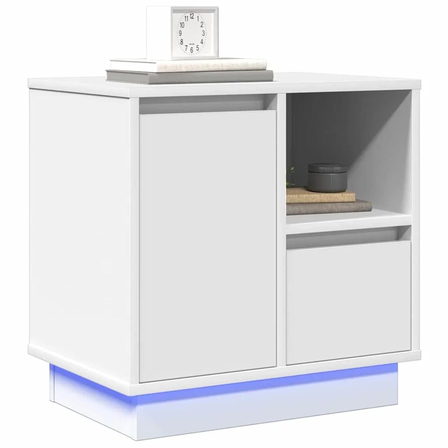 Weißer Nachttisch mit Schublade, offenem Fach und blauer LED-Beleuchtung. Modernes Design.