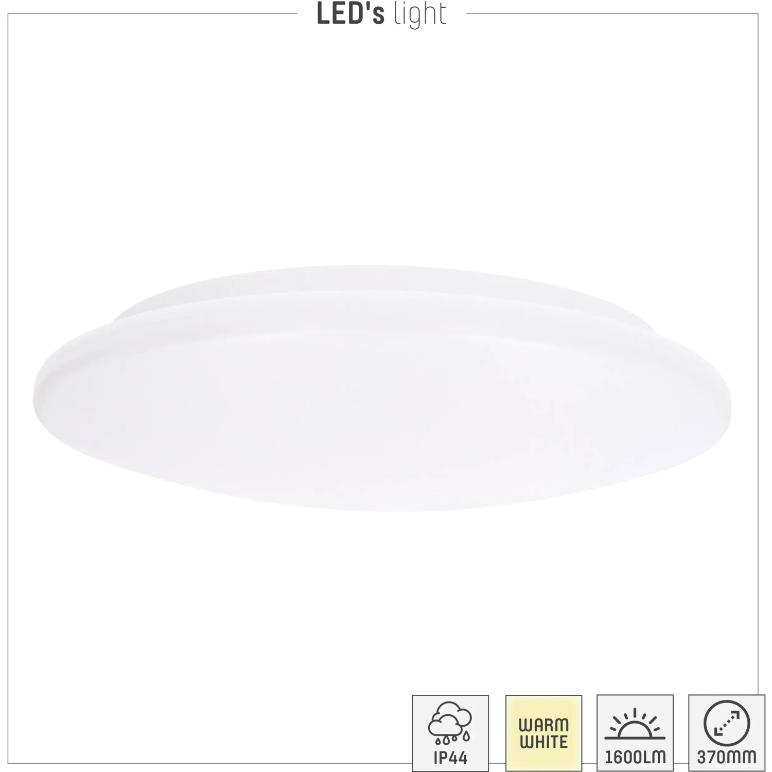 Weiße LED-Deckenleuchte, 18 W, 37 cm Durchmesser, warmweißes Licht, IP44-Schutz.