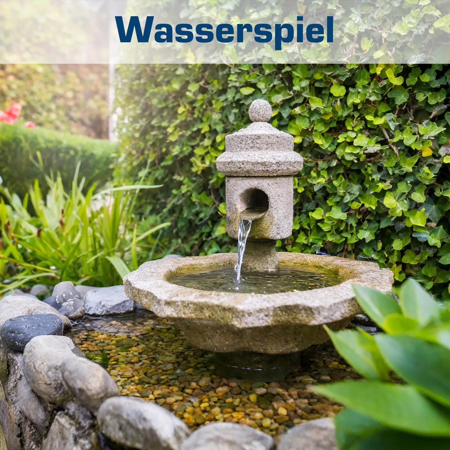Kerry Electronics Teichpumpe in einem dekorativen Steinbrunnen im Garten.
