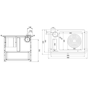 Technische Zeichnung Westminster Küchenofen K85 F/L, Maße und Details für Installation.
