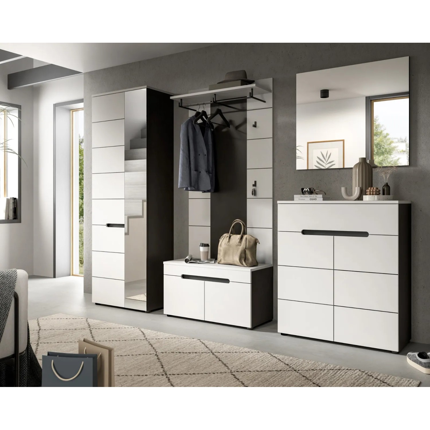 Inn.Furn Schuhkommode Cooper in Weiß und Grau, 120 cm breit. Schuhkipper mit Schubladen und Türen.
