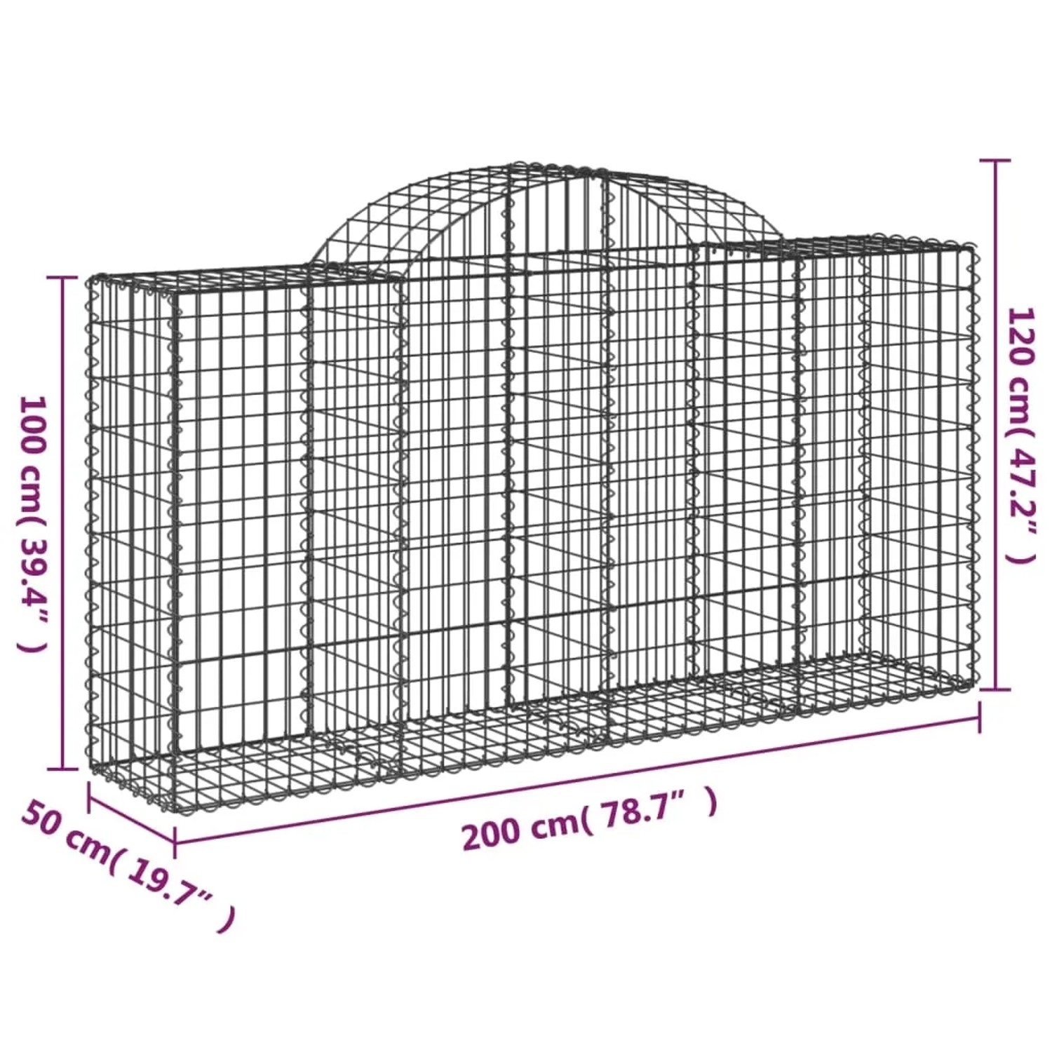 2er Set Gabionen mit Hochbogen, 200x50x100/120cm, aus verzinktem Eisen für Hochbeete oder als Sichtschutz.