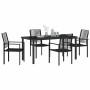 Schwarzes 5-teiliges vidaXL Garten-Esszimmer-Set aus PVC-Rattan mit Tisch und vier Stühlen.