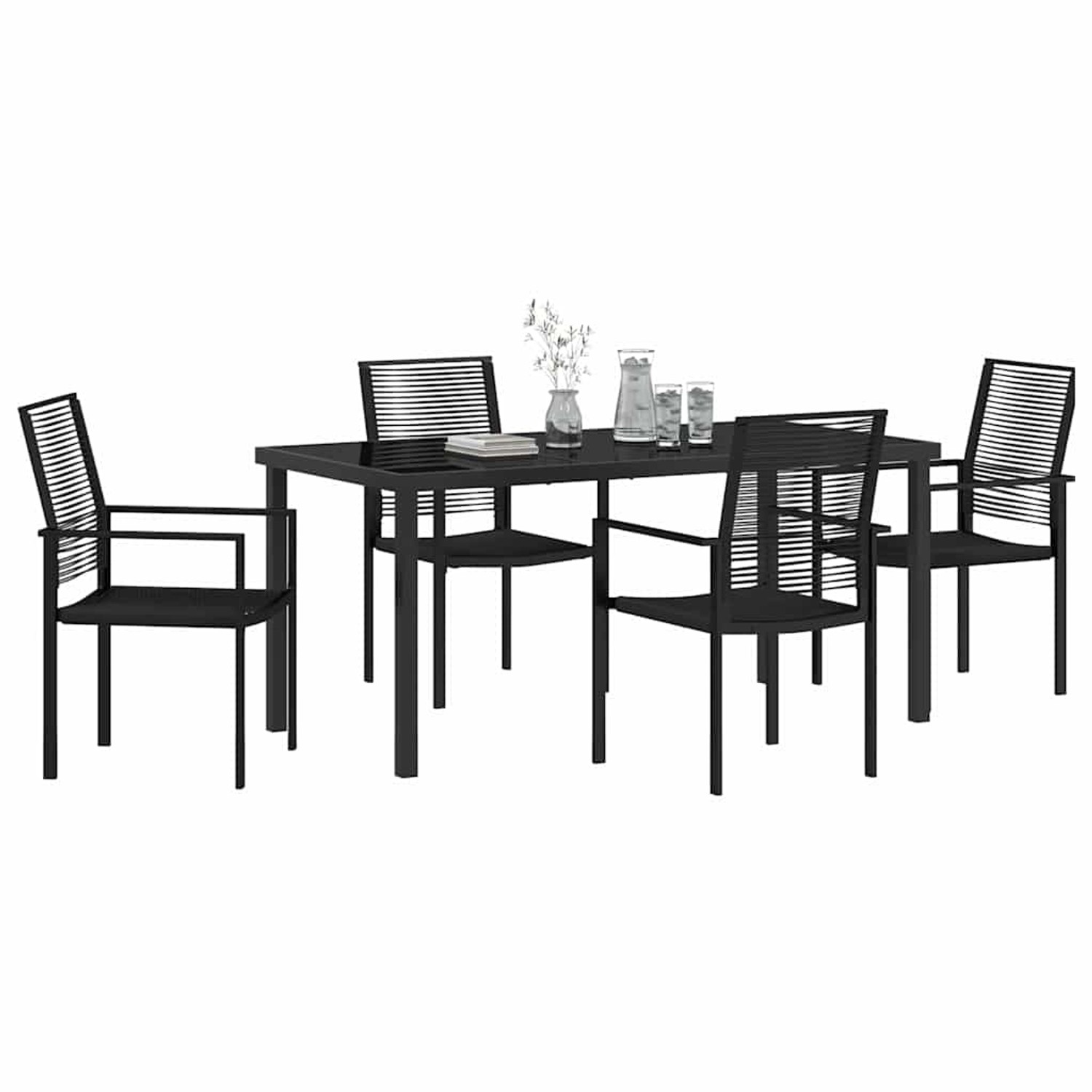 Schwarzes 5-teiliges vidaXL Garten-Esszimmer-Set aus PVC-Rattan mit Tisch und vier Stühlen.